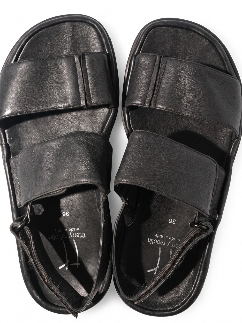 Thierry Rabotin Black Leather Women's Velcro Strap Sandals